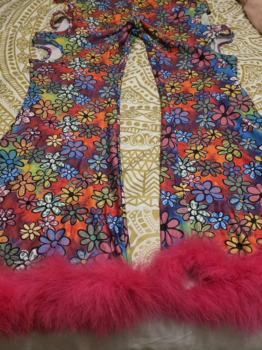 Iheart Rave Floral Rainbow Fuzzy Hem Bell Bottoms - Pink Trim